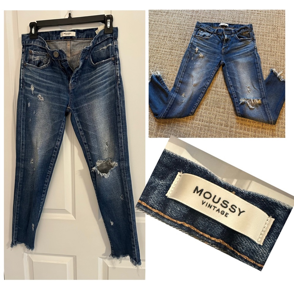 Moussy Vintage Women's Dark Blue Distressed Skinny Cropped Jeans Size 25